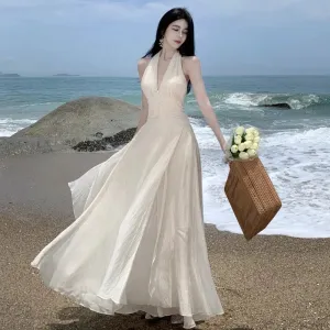 Halter Sleeveless Long White Maxi Dress Tight Waist V-neck Casual or Beach Dress