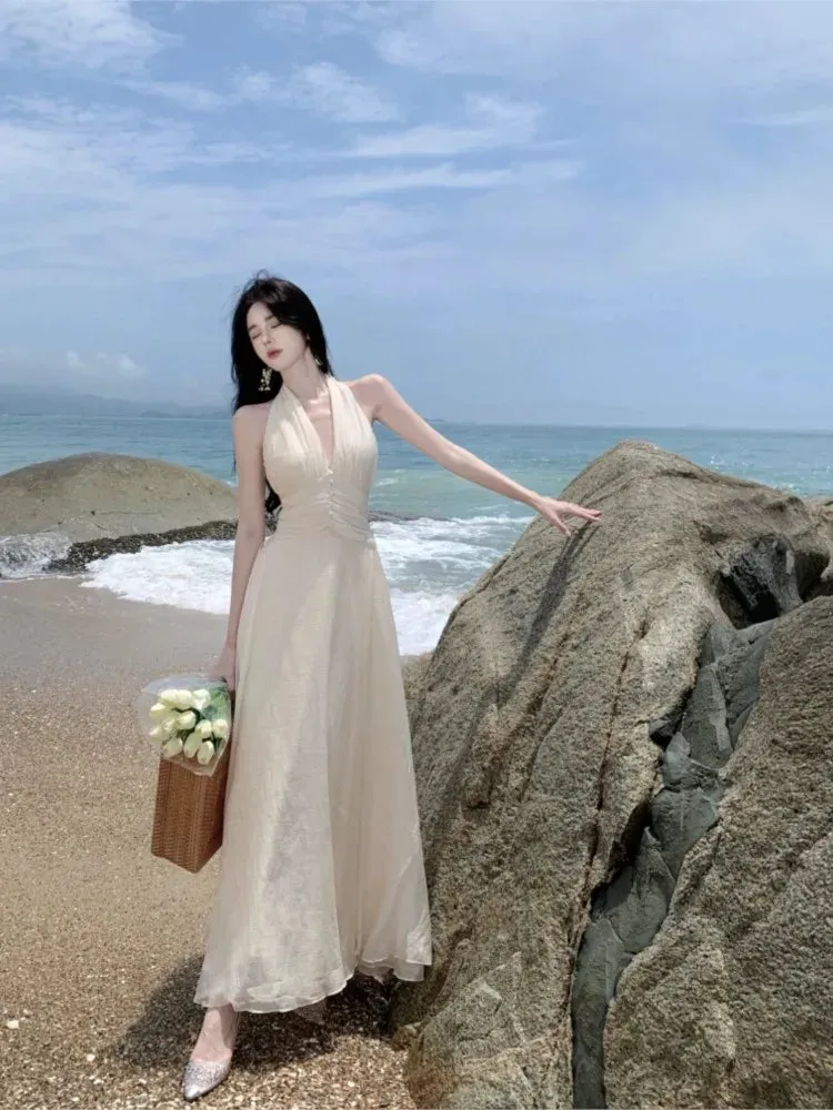 Halter Sleeveless Long White Maxi Dress Tight Waist V-neck Casual or Beach Dress