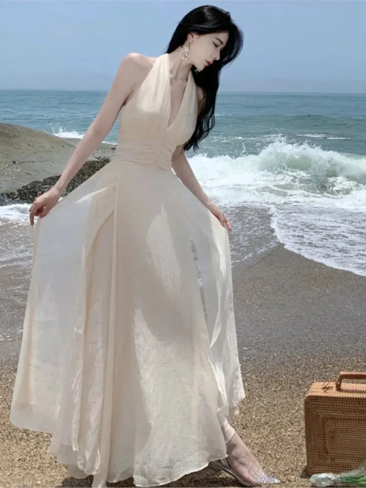 Halter Sleeveless Long White Maxi Dress Tight Waist V-neck Casual or Beach Dress
