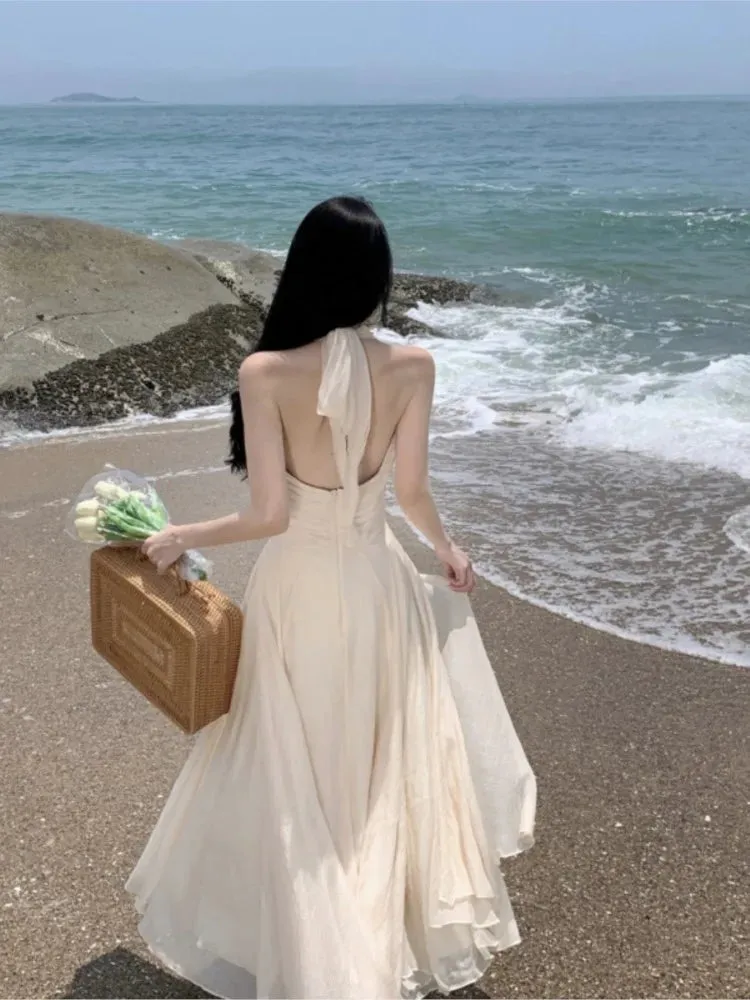 Halter Sleeveless Long White Maxi Dress Tight Waist V-neck Casual or Beach Dress