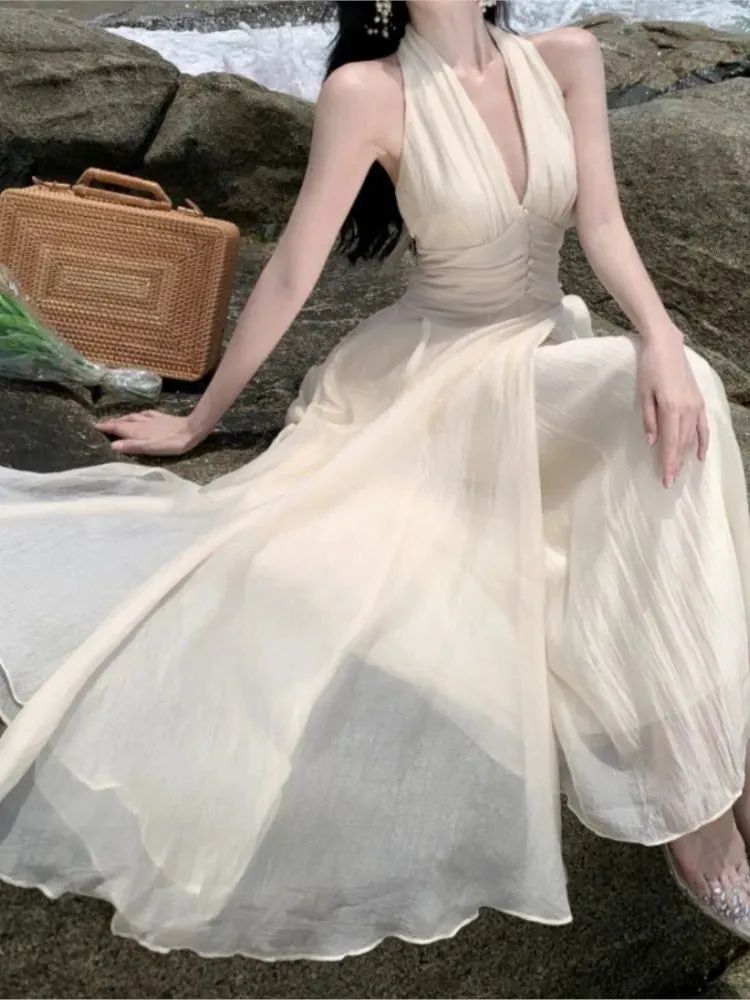 Halter Sleeveless Long White Maxi Dress Tight Waist V-neck Casual or Beach Dress