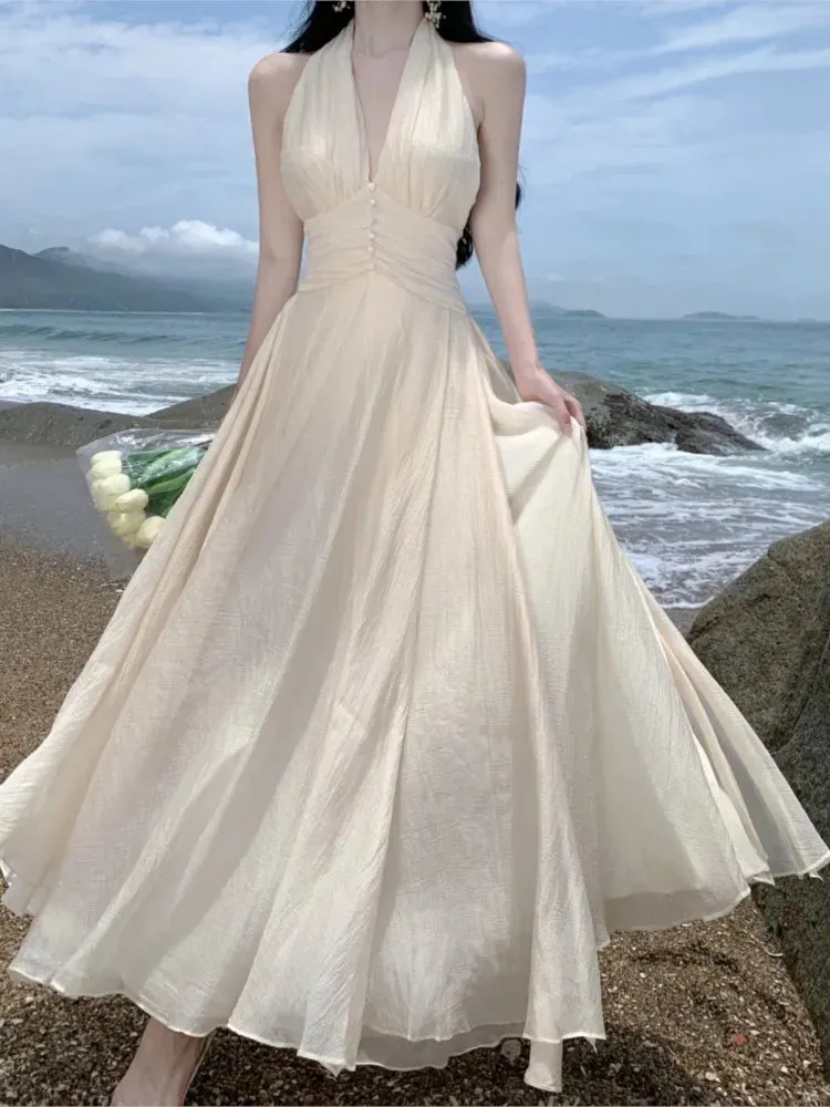 Halter Sleeveless Long White Maxi Dress Tight Waist V-neck Casual or Beach Dress