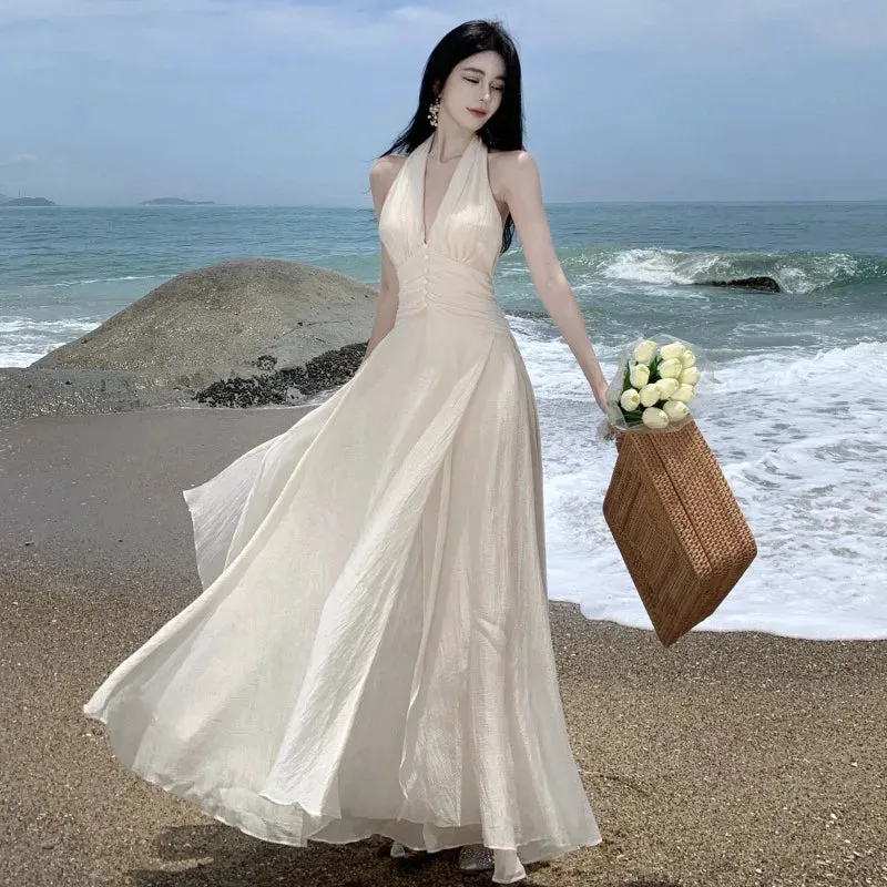 Halter Sleeveless Long White Maxi Dress Tight Waist V-neck Casual or Beach Dress