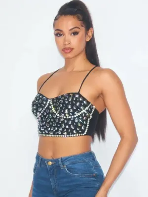 Jewel Bustier Crop Cami Top - Black -