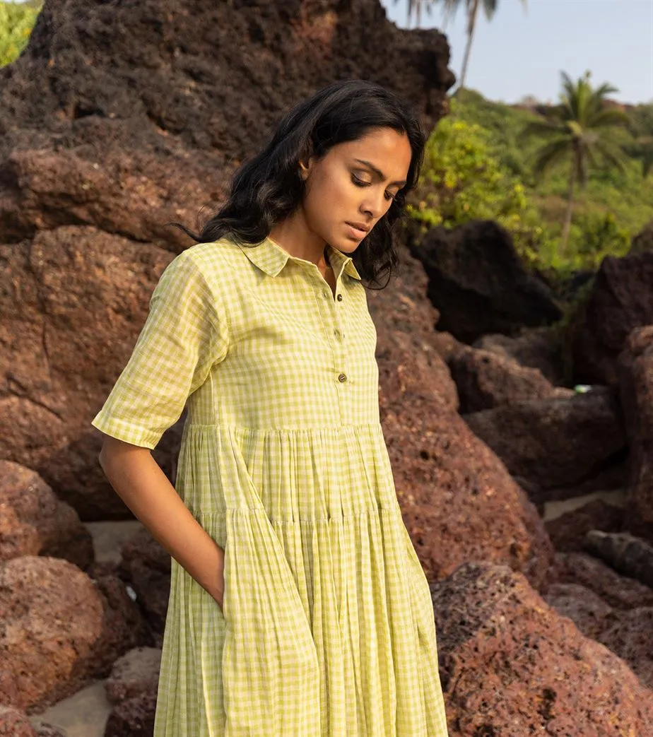 Khara Kapas I  Oh carol I Cotton Check forest Dress Lime green KK-24-35