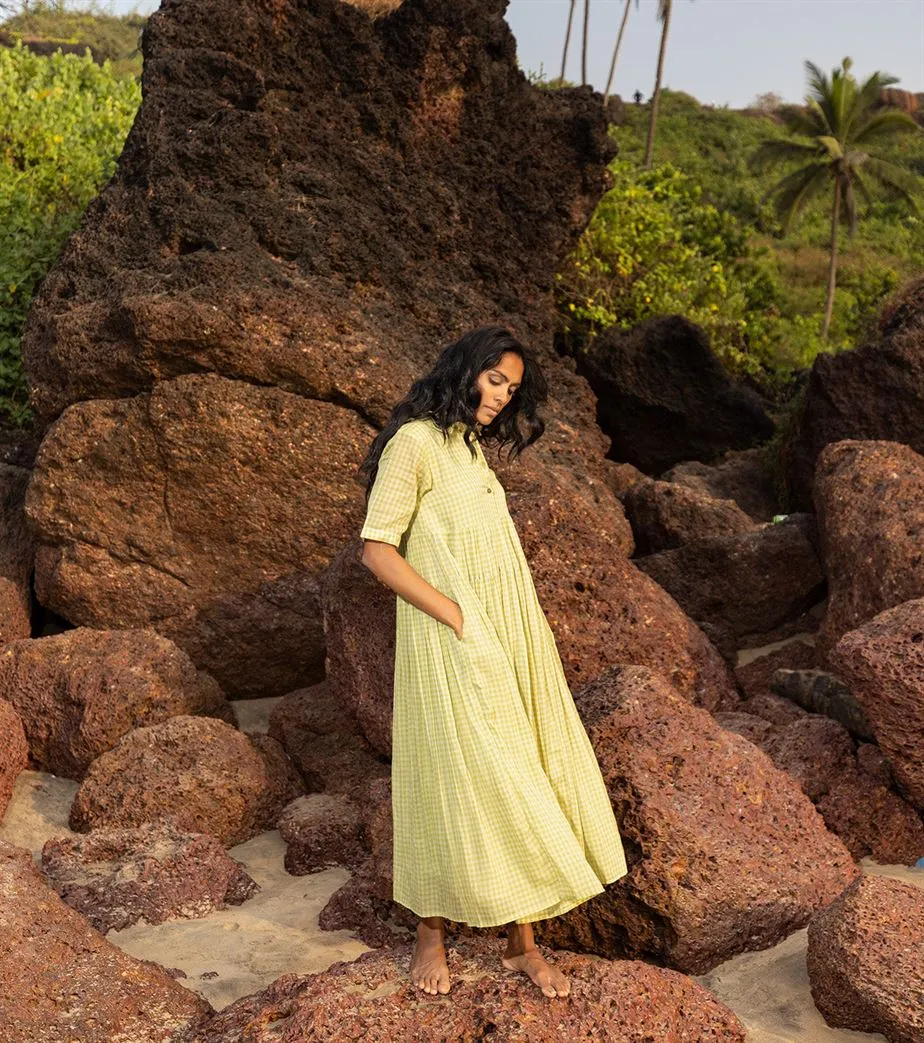 Khara Kapas I  Oh carol I Cotton Check forest Dress Lime green KK-24-35