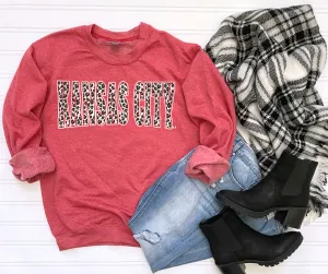 Leopard Kansas City Block Letters on Heather Red Sweatshirt