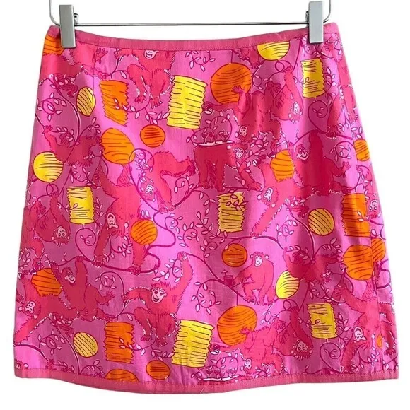 Lilly Pulitzer Reversible Mini Skirt Pink Yellow Monkey Elephant petite