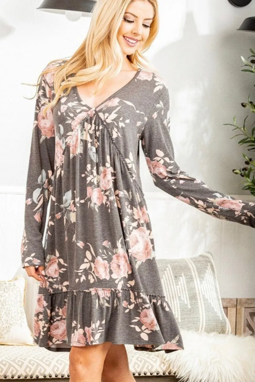Long Sleeve V-Neck Ruffle Dress | 2 prints