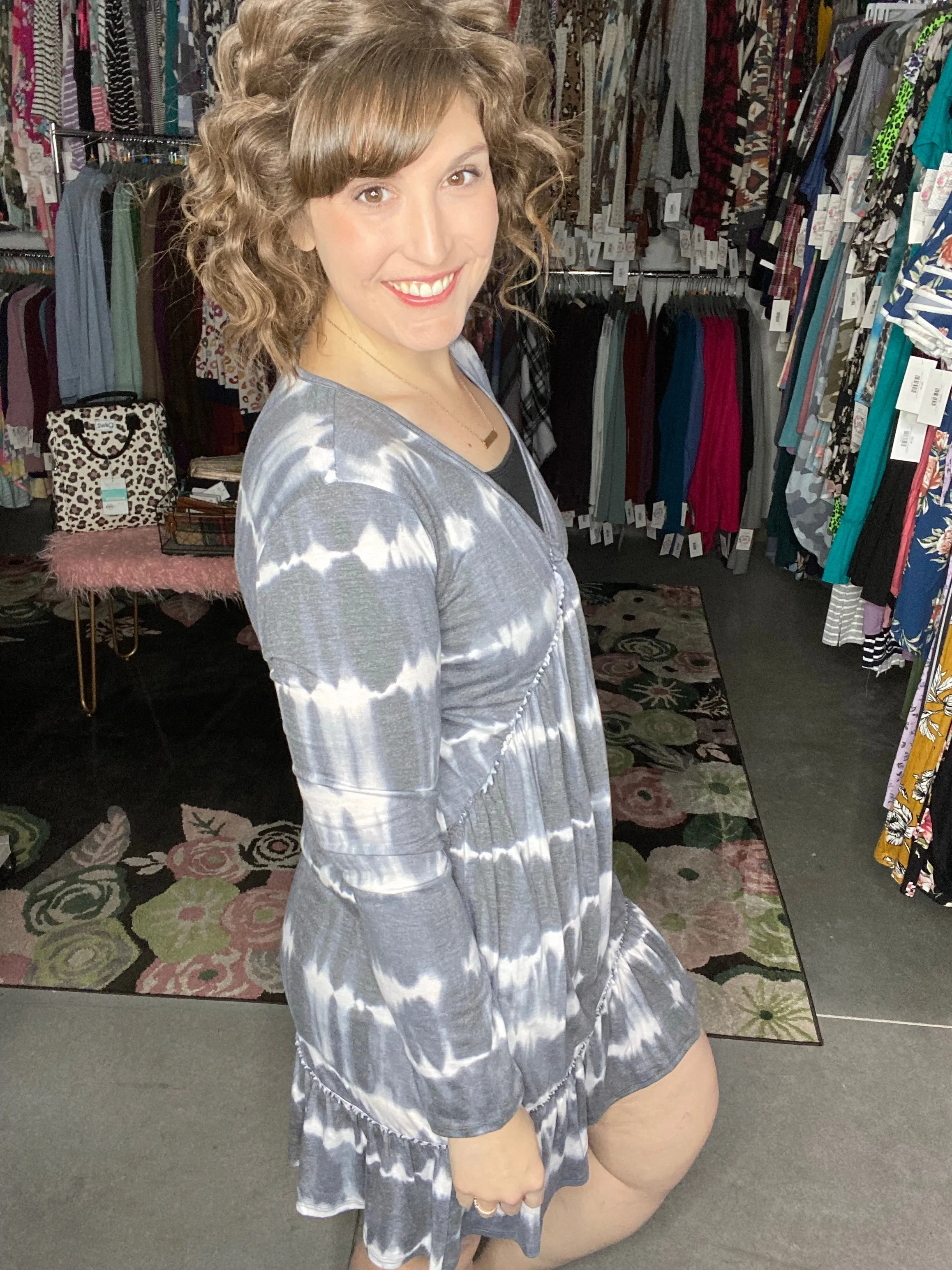 Long Sleeve V-Neck Ruffle Dress | 2 prints