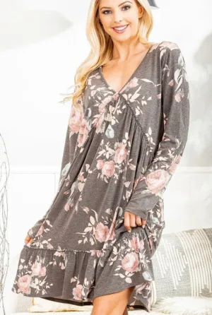 Long Sleeve V-Neck Ruffle Dress | 2 prints