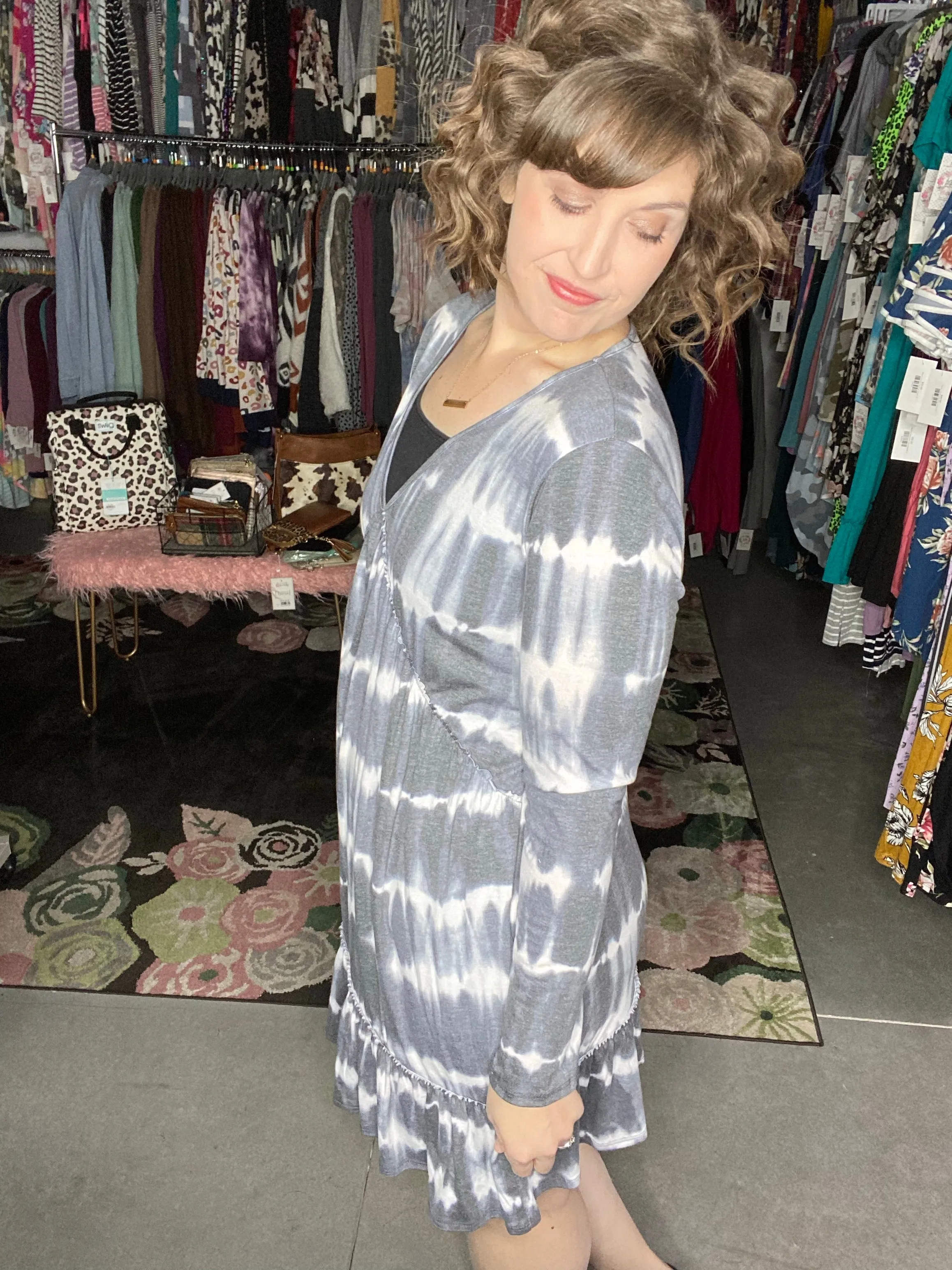 Long Sleeve V-Neck Ruffle Dress | 2 prints