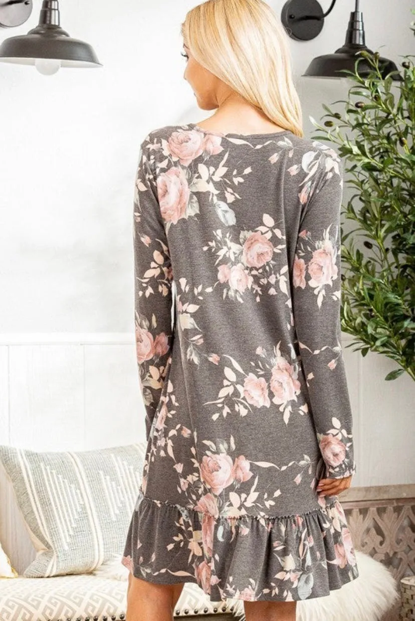 Long Sleeve V-Neck Ruffle Dress | 2 prints