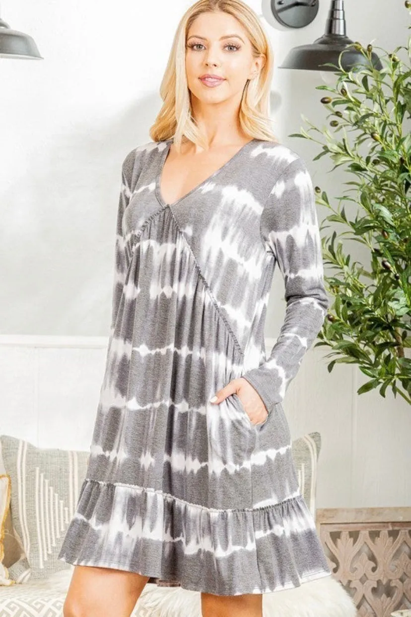 Long Sleeve V-Neck Ruffle Dress | 2 prints