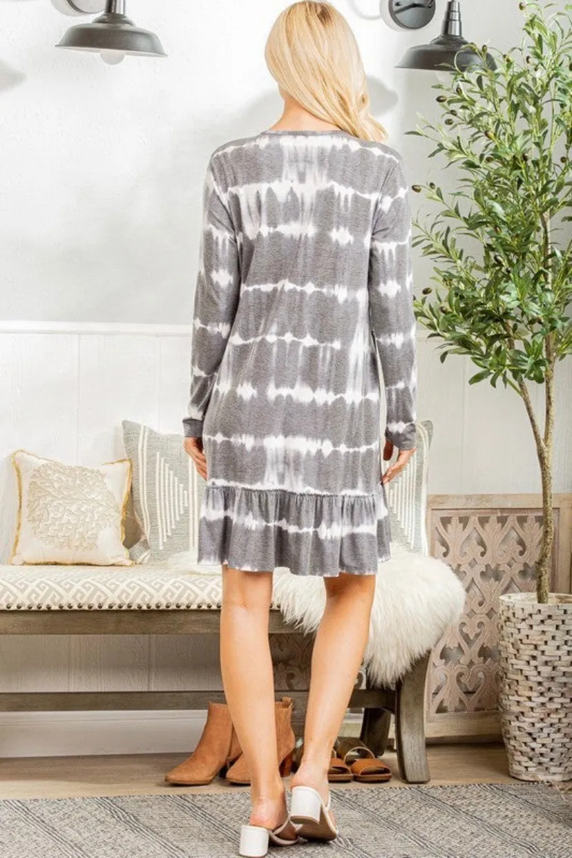 Long Sleeve V-Neck Ruffle Dress | 2 prints