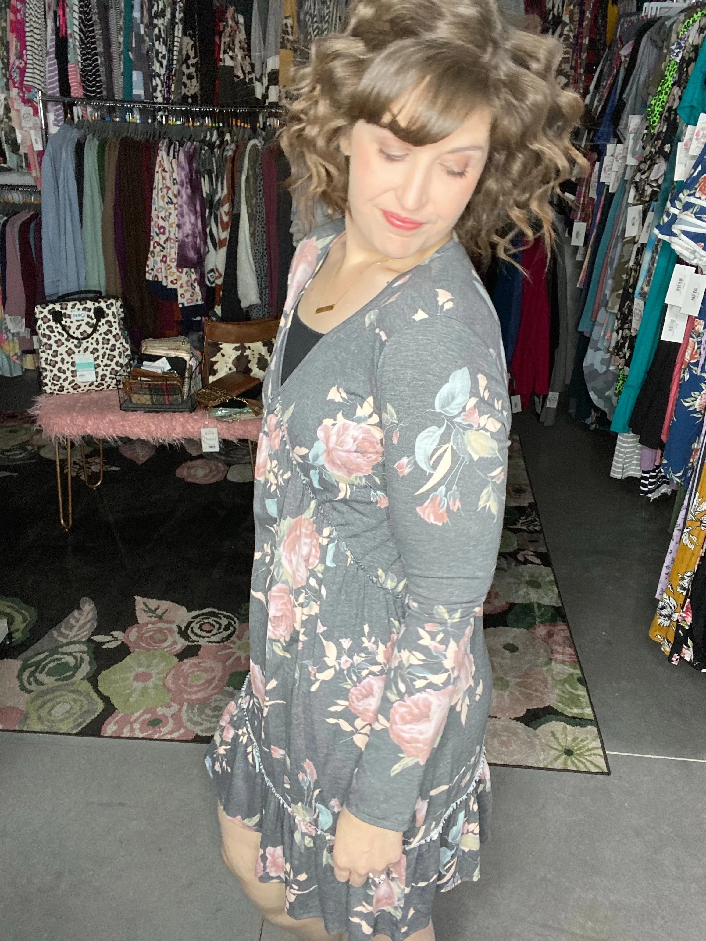 Long Sleeve V-Neck Ruffle Dress | 2 prints