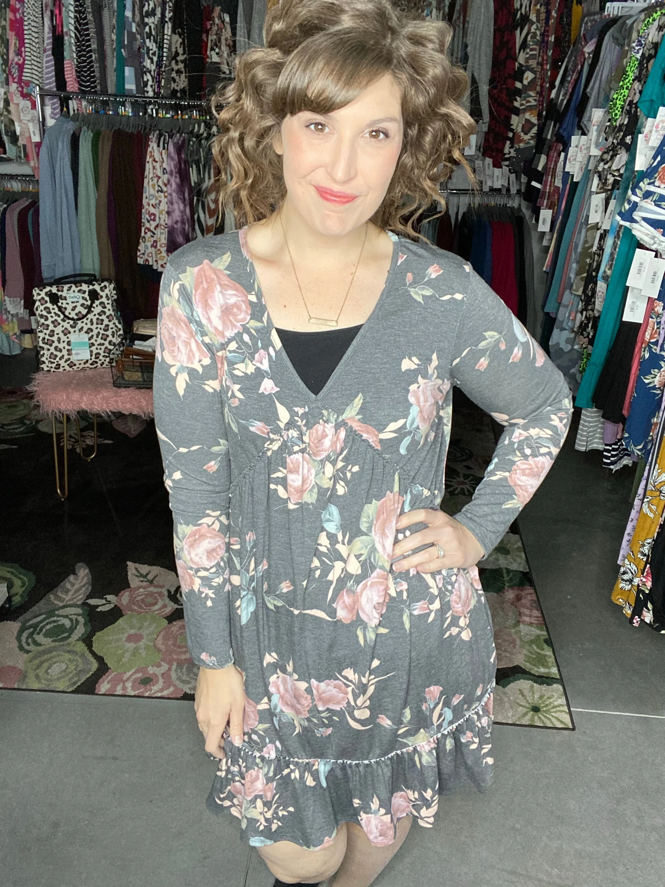Long Sleeve V-Neck Ruffle Dress | 2 prints