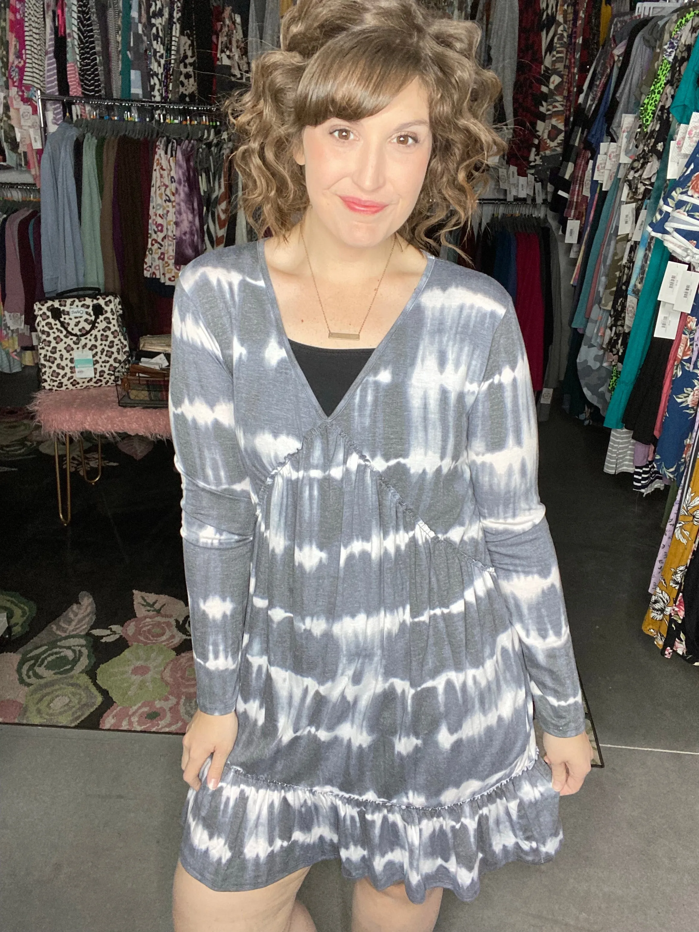 Long Sleeve V-Neck Ruffle Dress | 2 prints