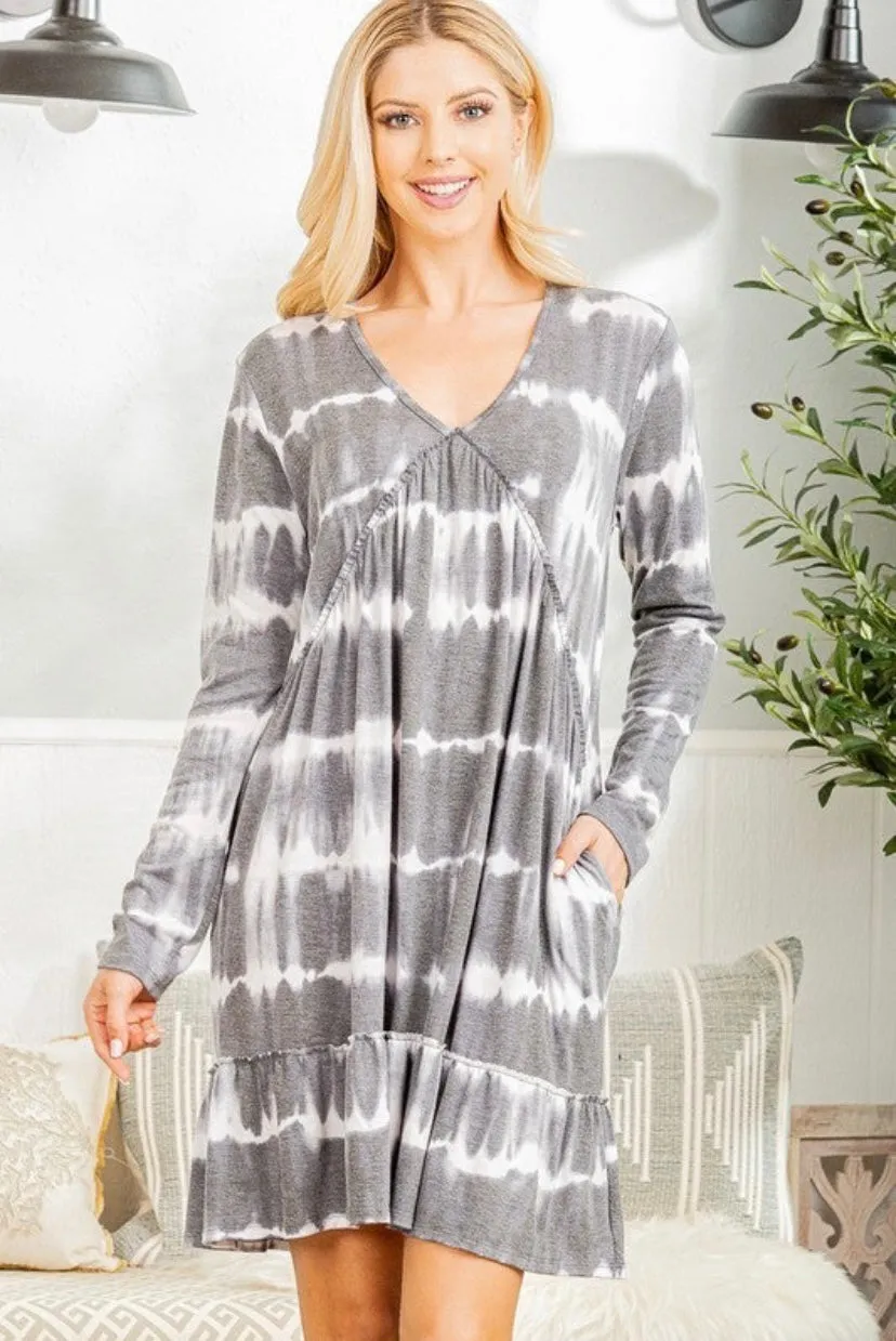 Long Sleeve V-Neck Ruffle Dress | 2 prints