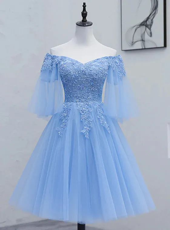 Lovely Light Blue With Lace Off Shoulder Short Prom Dress, Blue Homecoming Dresses     fg3428