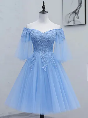 Lovely Light Blue With Lace Off Shoulder Short Prom Dress, Blue Homecoming Dresses     fg3428