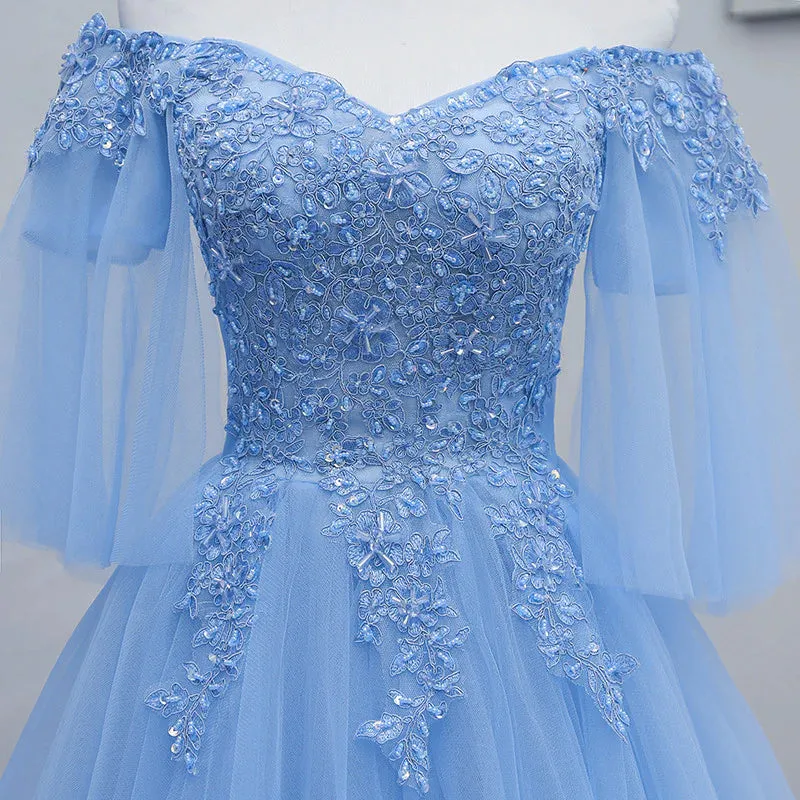 Lovely Light Blue With Lace Off Shoulder Short Prom Dress, Blue Homecoming Dresses     fg3428