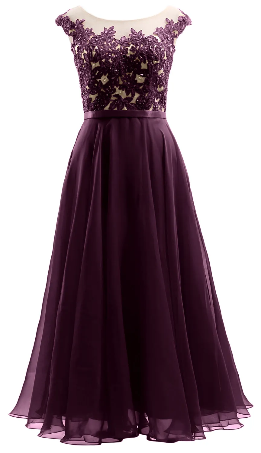 MACloth Cap Sleeves Illusion Midi Prom Dress Lace Chiffon Wedding Party Dress