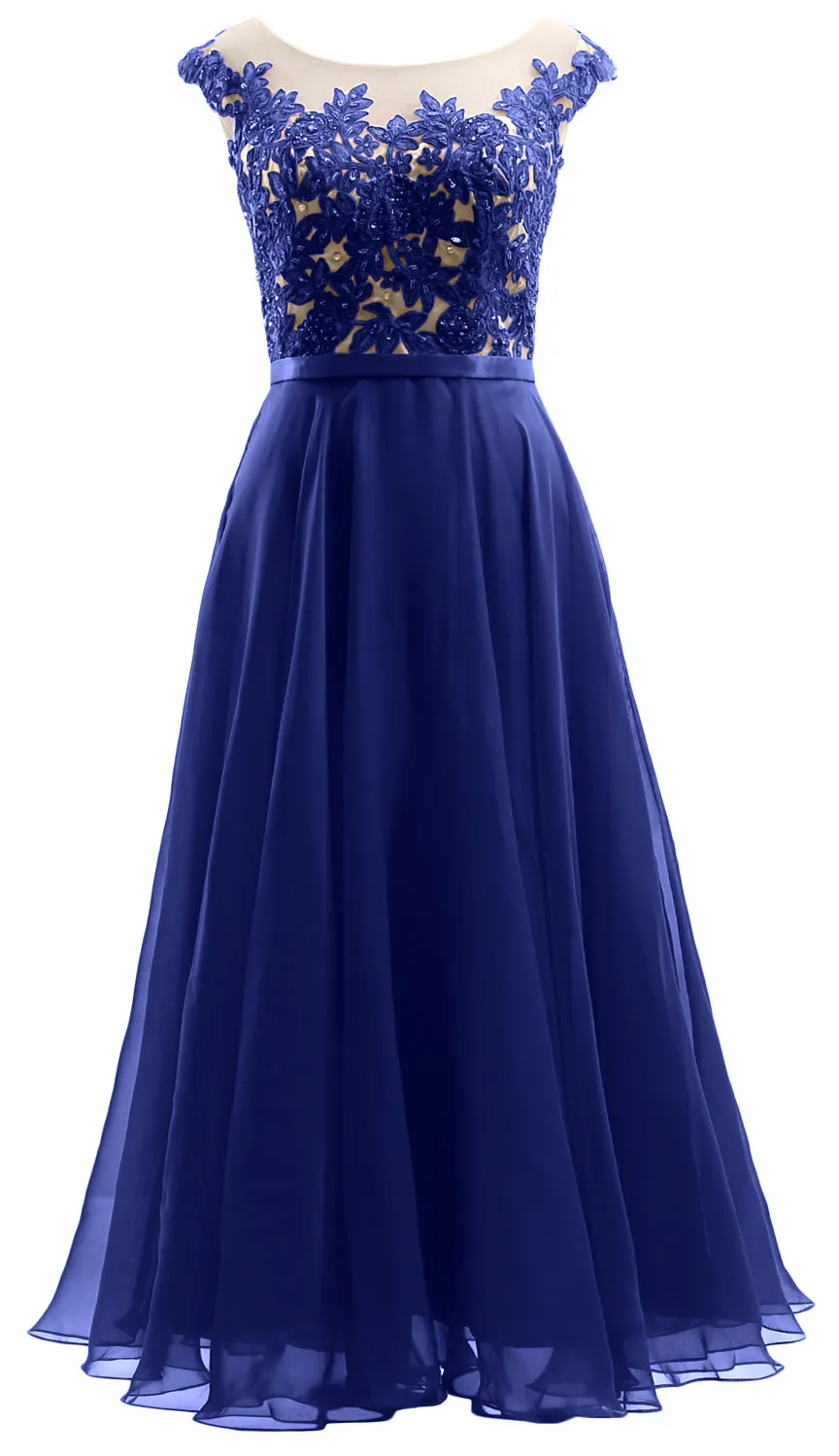 MACloth Cap Sleeves Illusion Midi Prom Dress Lace Chiffon Wedding Party Dress