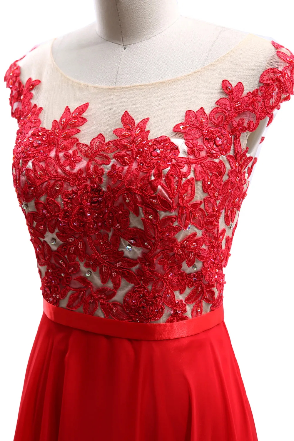 MACloth Cap Sleeves Illusion Midi Prom Dress Lace Chiffon Wedding Party Dress