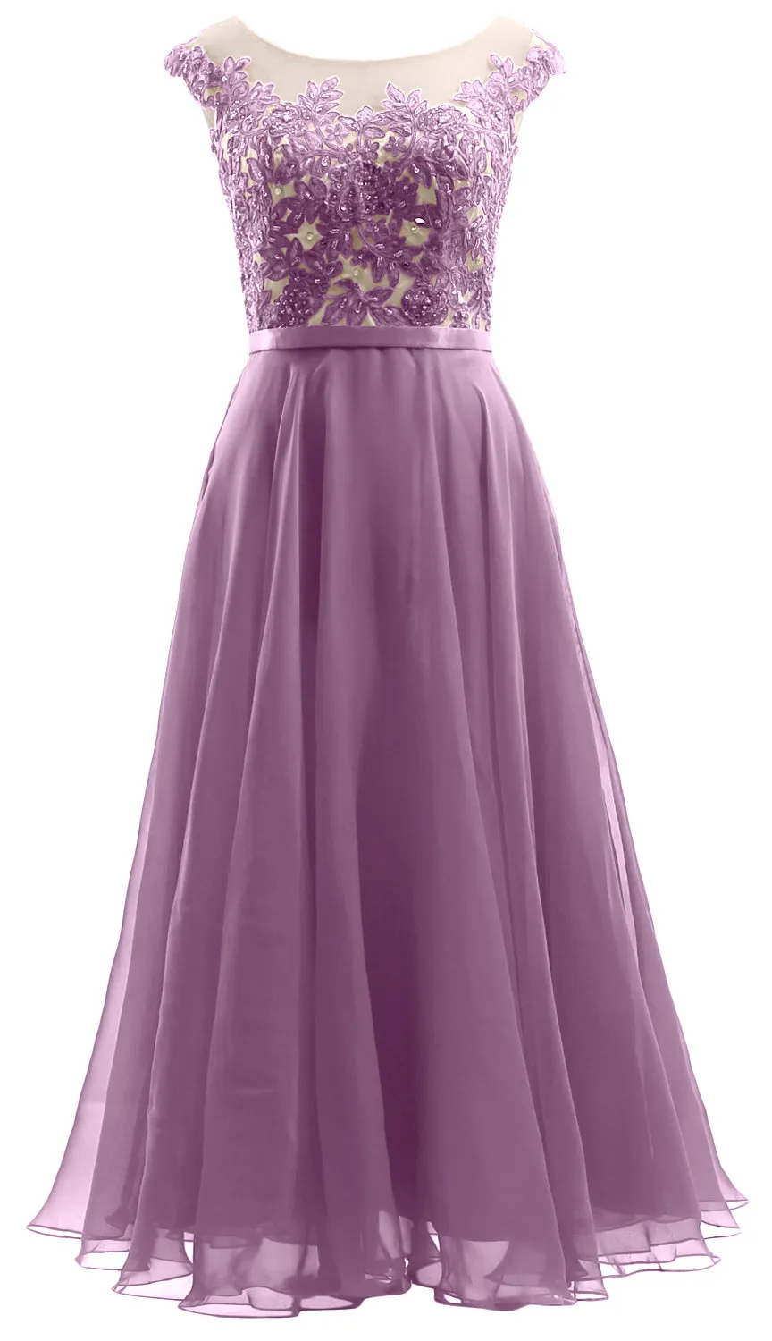 MACloth Cap Sleeves Illusion Midi Prom Dress Lace Chiffon Wedding Party Dress