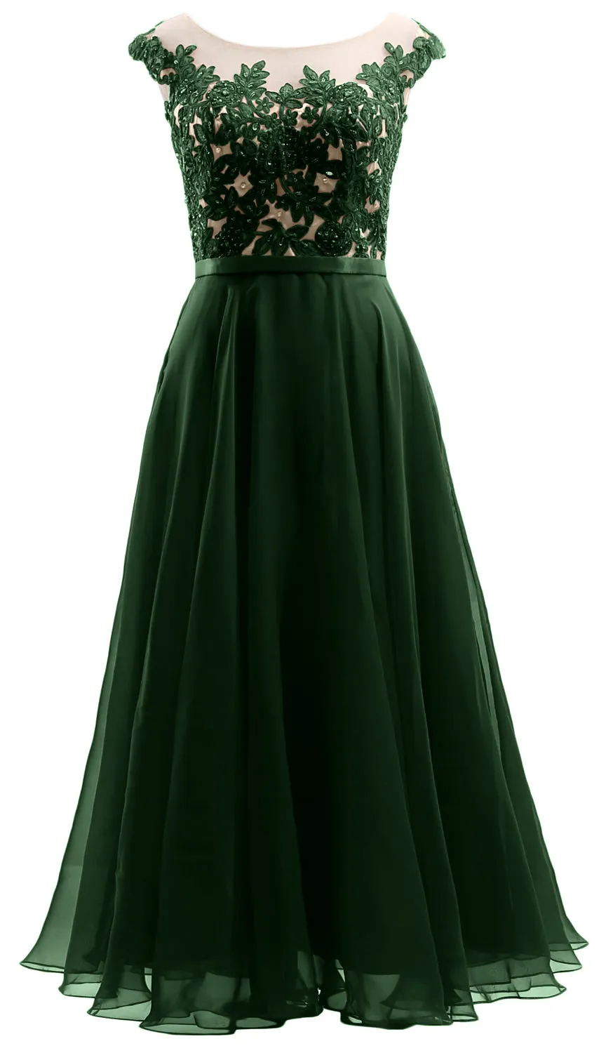 MACloth Cap Sleeves Illusion Midi Prom Dress Lace Chiffon Wedding Party Dress