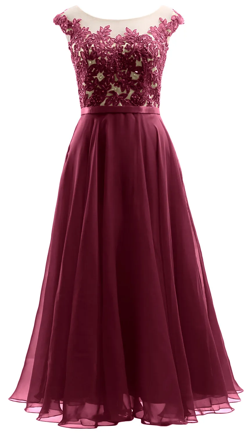 MACloth Cap Sleeves Illusion Midi Prom Dress Lace Chiffon Wedding Party Dress