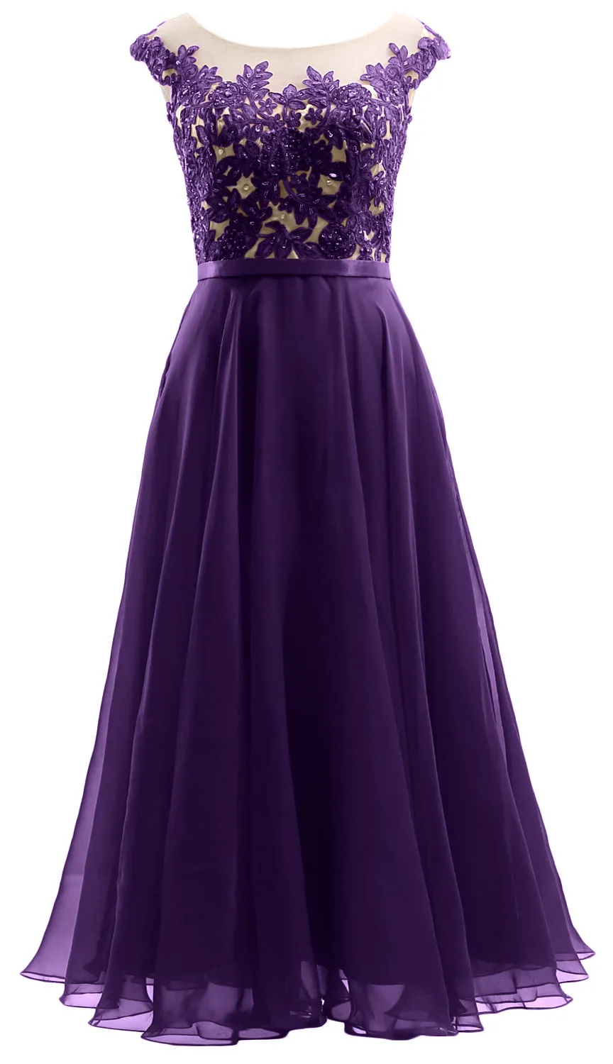 MACloth Cap Sleeves Illusion Midi Prom Dress Lace Chiffon Wedding Party Dress