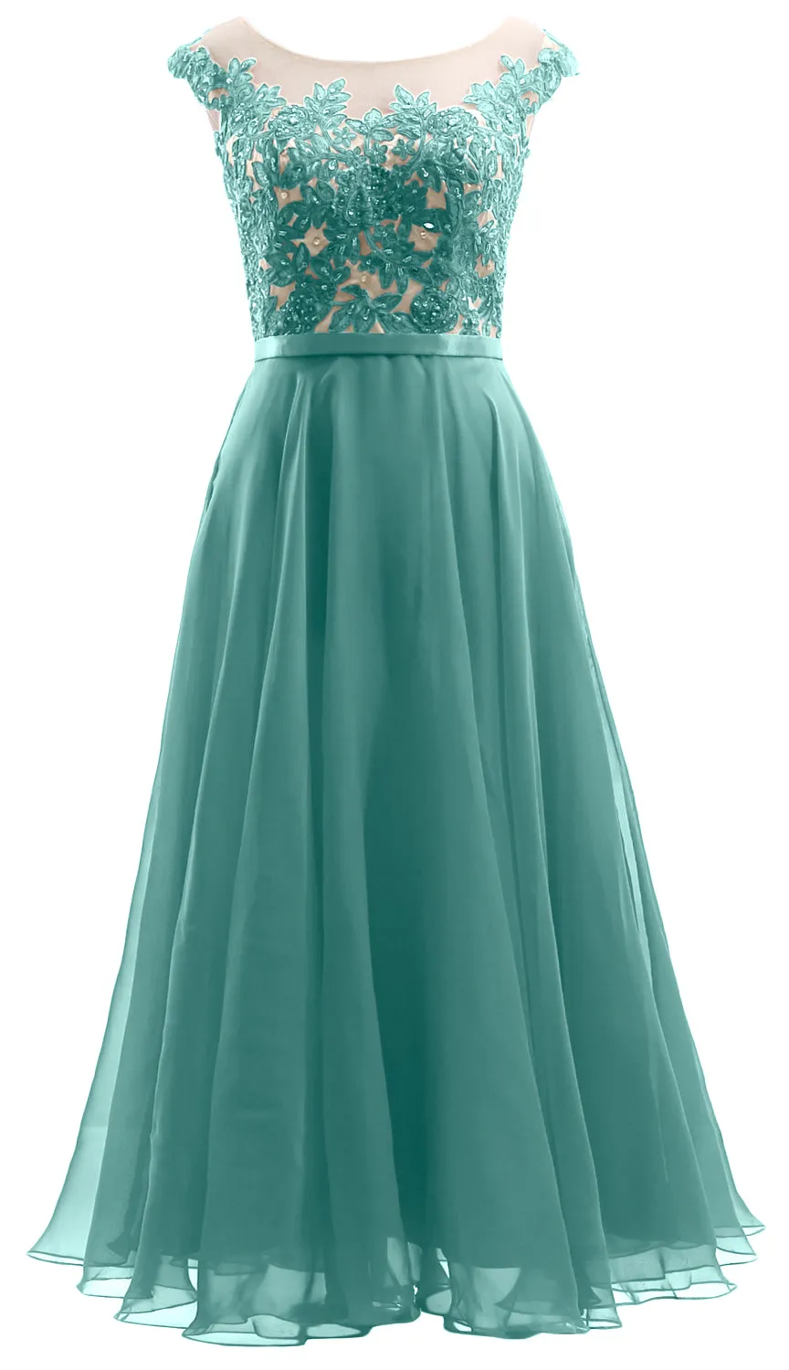 MACloth Cap Sleeves Illusion Midi Prom Dress Lace Chiffon Wedding Party Dress