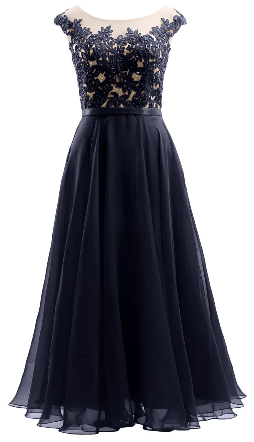 MACloth Cap Sleeves Illusion Midi Prom Dress Lace Chiffon Wedding Party Dress