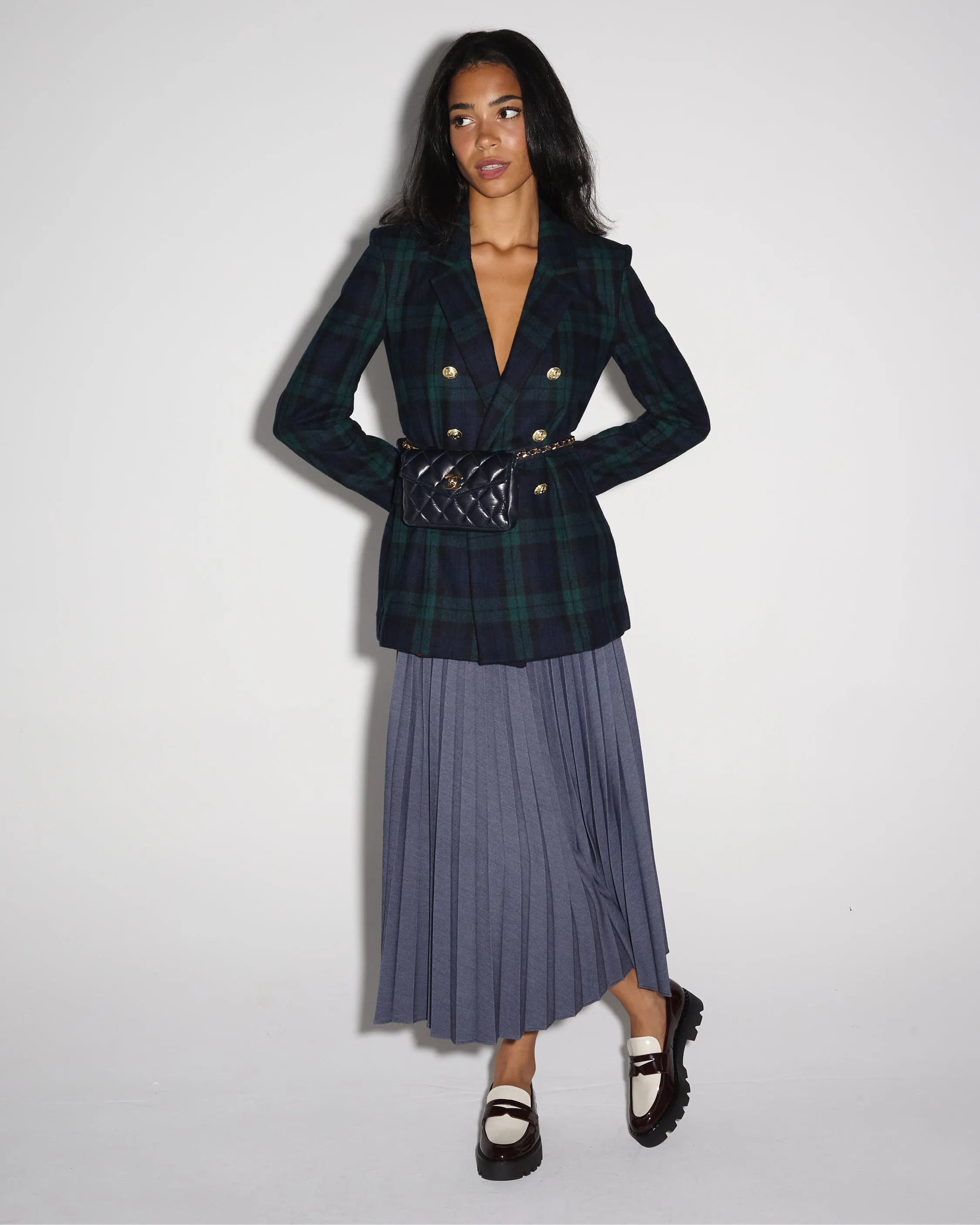Marilyn Accordion-Pleated Midi Skirt in Denim