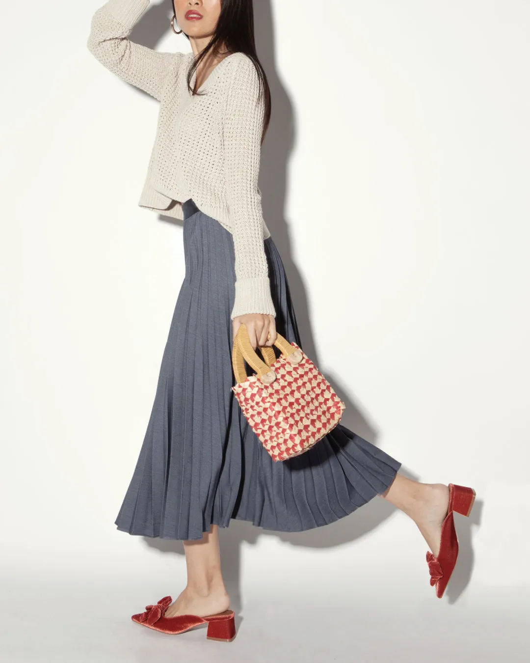 Marilyn Accordion-Pleated Midi Skirt in Denim