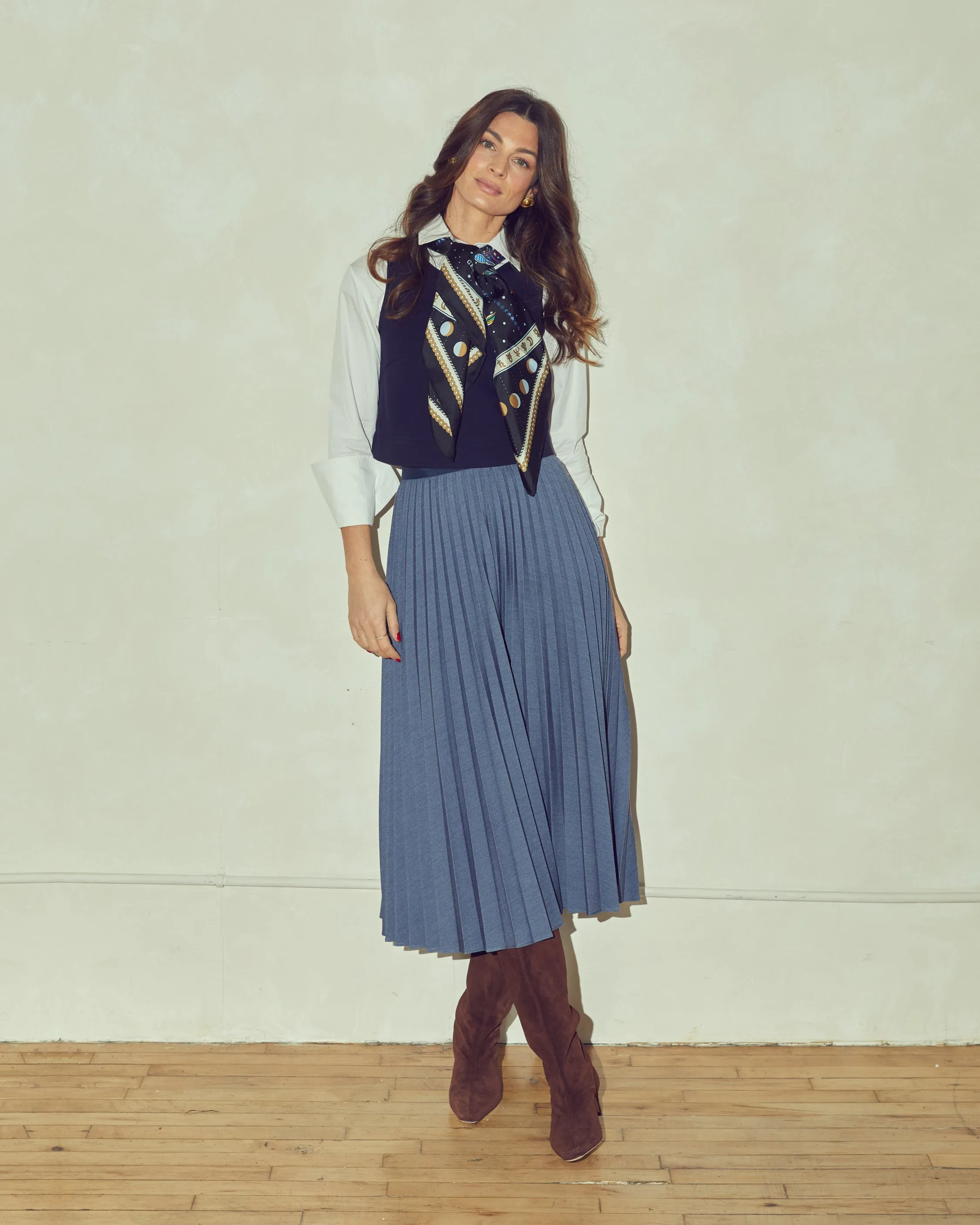 Marilyn Accordion-Pleated Midi Skirt in Denim