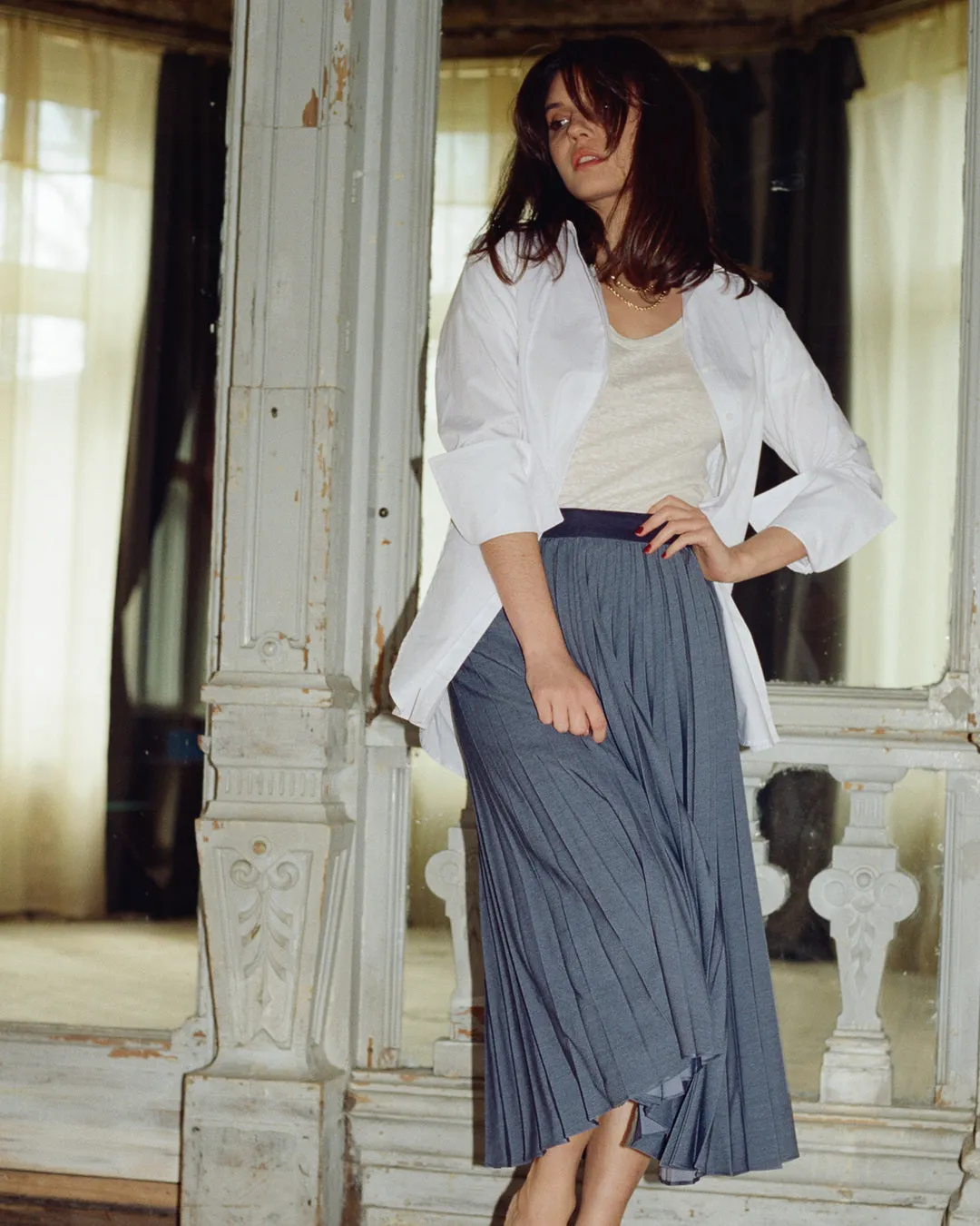 Marilyn Accordion-Pleated Midi Skirt in Denim