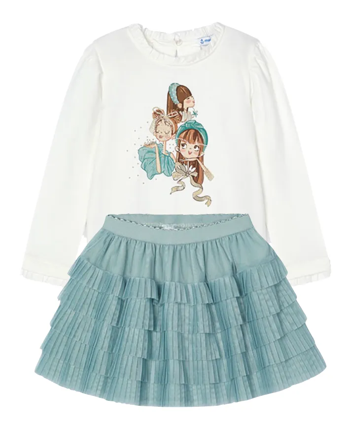 Mayoral 4065 Jade Tee-Shirt and 4902 Jade Pleated Tulle Skirt In Stock Now