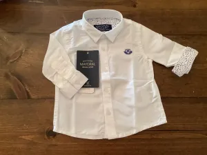 Mayoral Boys Cotton Dress Shirt in White (w/ Tiny Blue Floral Lining) Size 3M to 24M