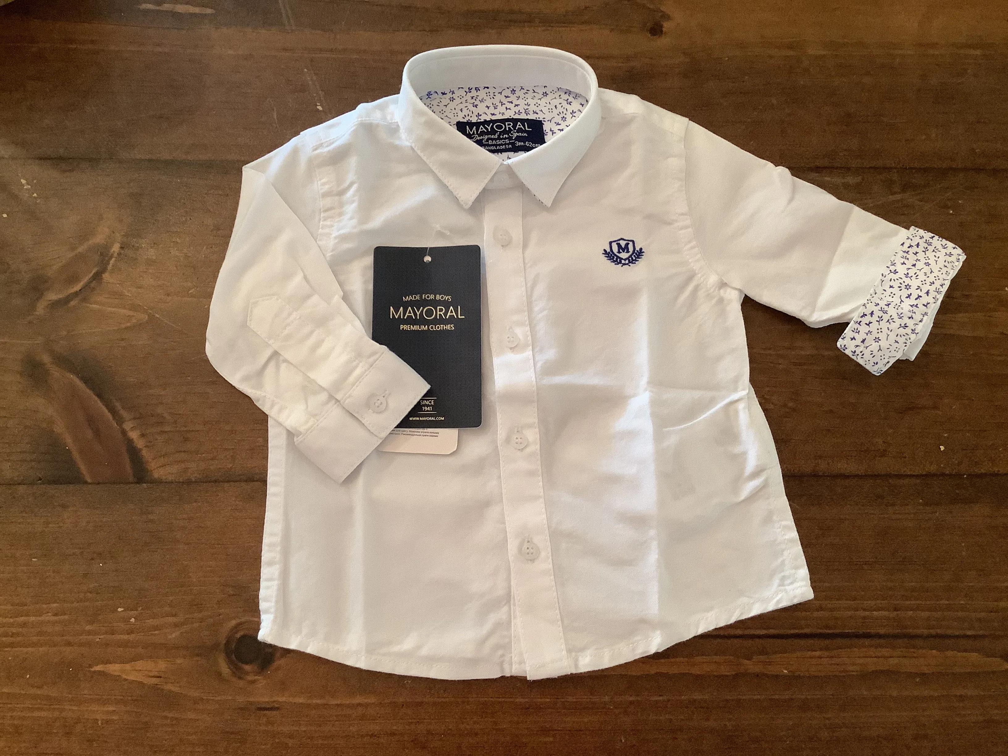 Mayoral Boys Cotton Dress Shirt in White (w/ Tiny Blue Floral Lining) Size 3M to 24M