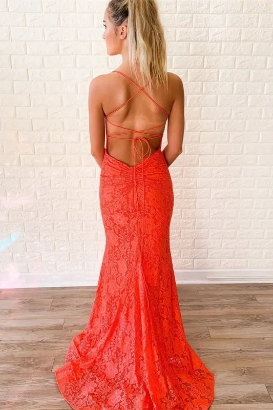 Mermaid Backless Orange Lace Long Prom Dresses, Mermaid Orange Formal Dresses, Orange Lace Evening Dresses