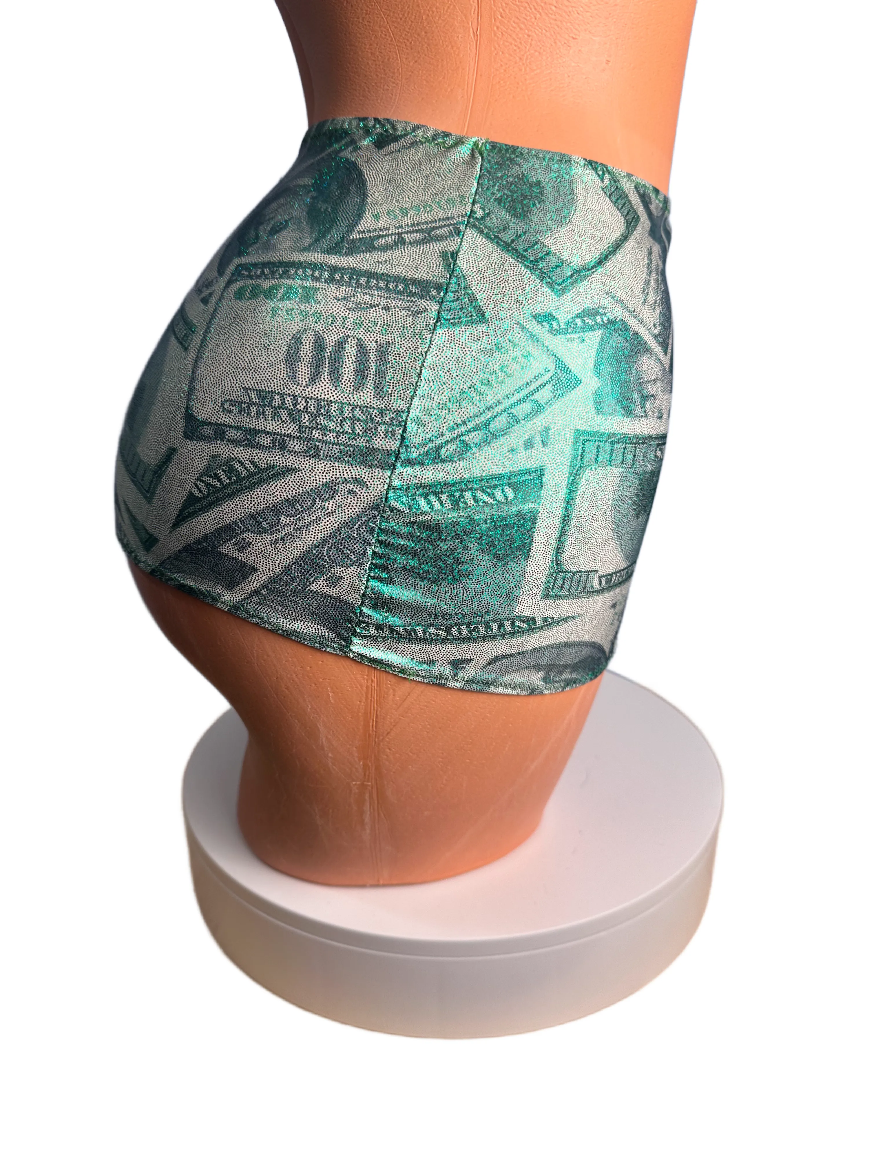 Metallic green money print Micro mini skirt cover up