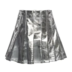 Metallic Pleated Skirt with Back Zip (Faux Leather)