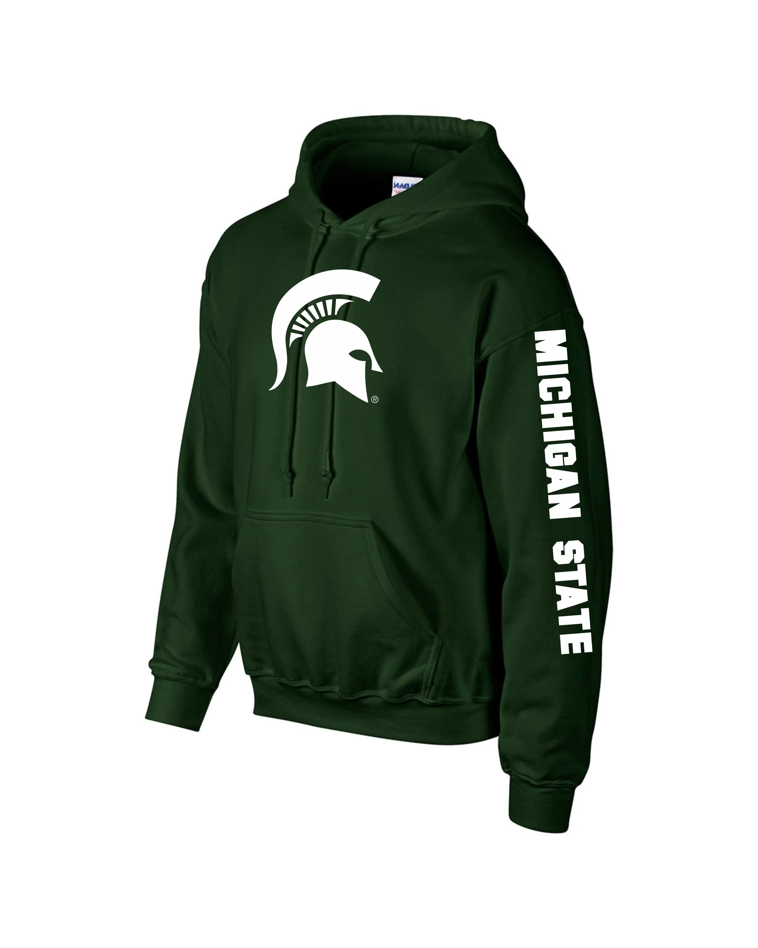 Michigan State University Spartans Sparty Head Spartan Helmet Design with Sleeve Print Hooded Sweatshirt