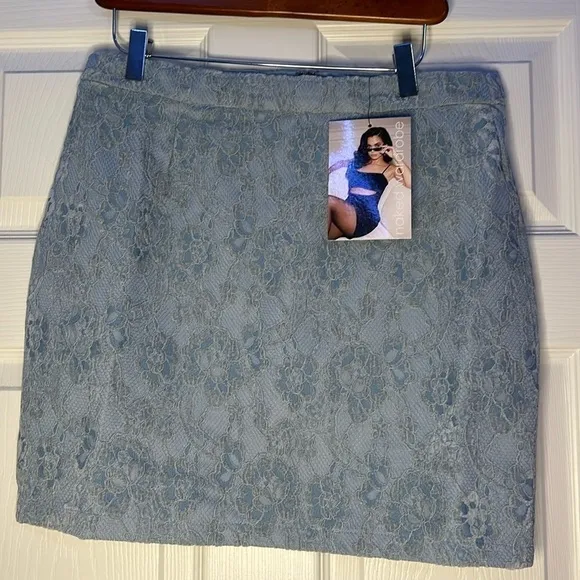 naked wardrobe the statement embroidered lace mini skirt dusty light blue large