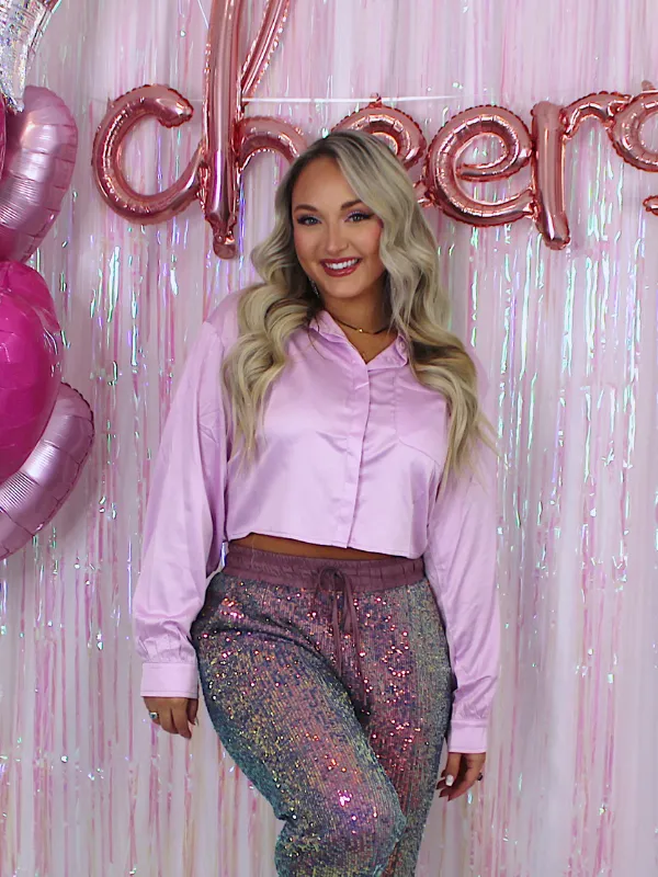 New Beginnings Satin Long Sleeve Button Front Crop Top, Lilac