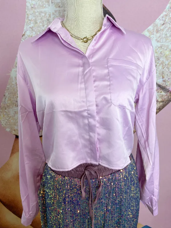 New Beginnings Satin Long Sleeve Button Front Crop Top, Lilac