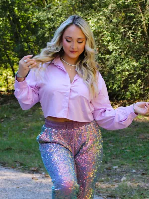 New Beginnings Satin Long Sleeve Button Front Crop Top, Lilac
